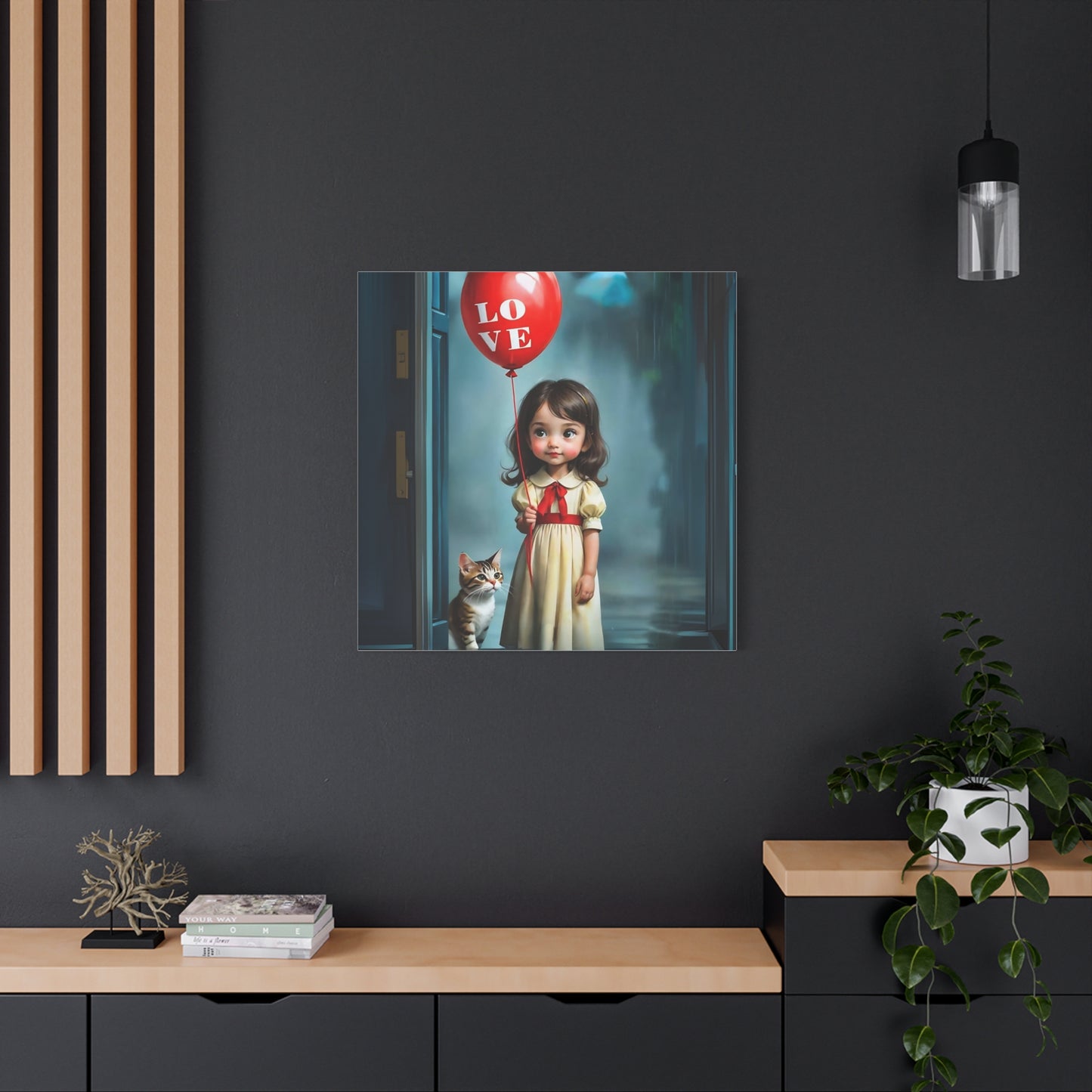 Canvas Print - Cute Girl with Red Love Balloon and Cat Art by Fairyhill Studio