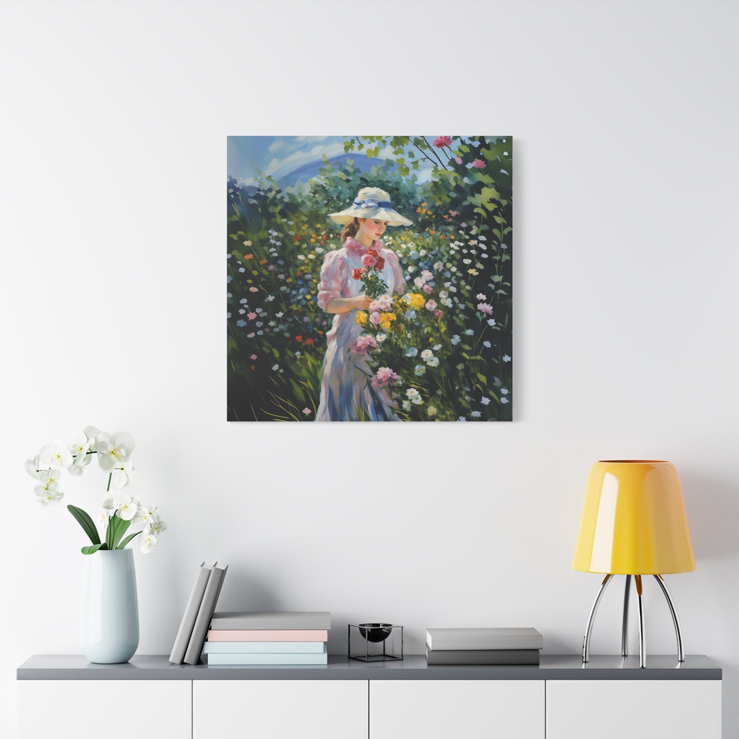 Canvas Art - Monet Style Floral Serenity with Elegant Woman and Flower Basket, Stretched Matte 1 25"