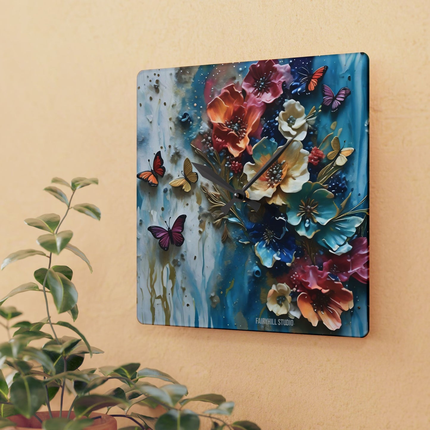 Acrylic Wall Clock - Impasto Flowers
