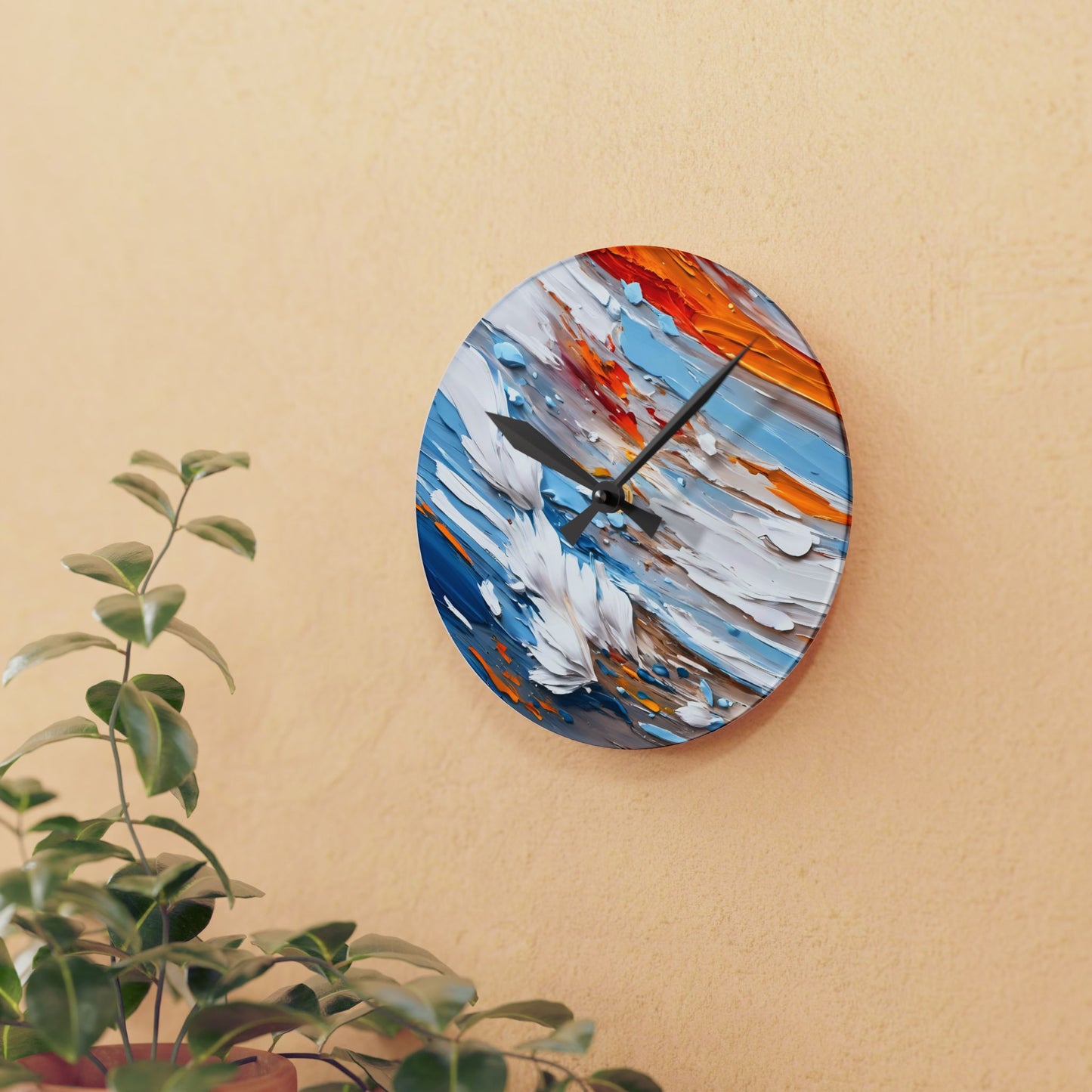 Abstract Impasto Acrylic Wall Clock - White Aqua Orange Colors by Fairyhill Studio