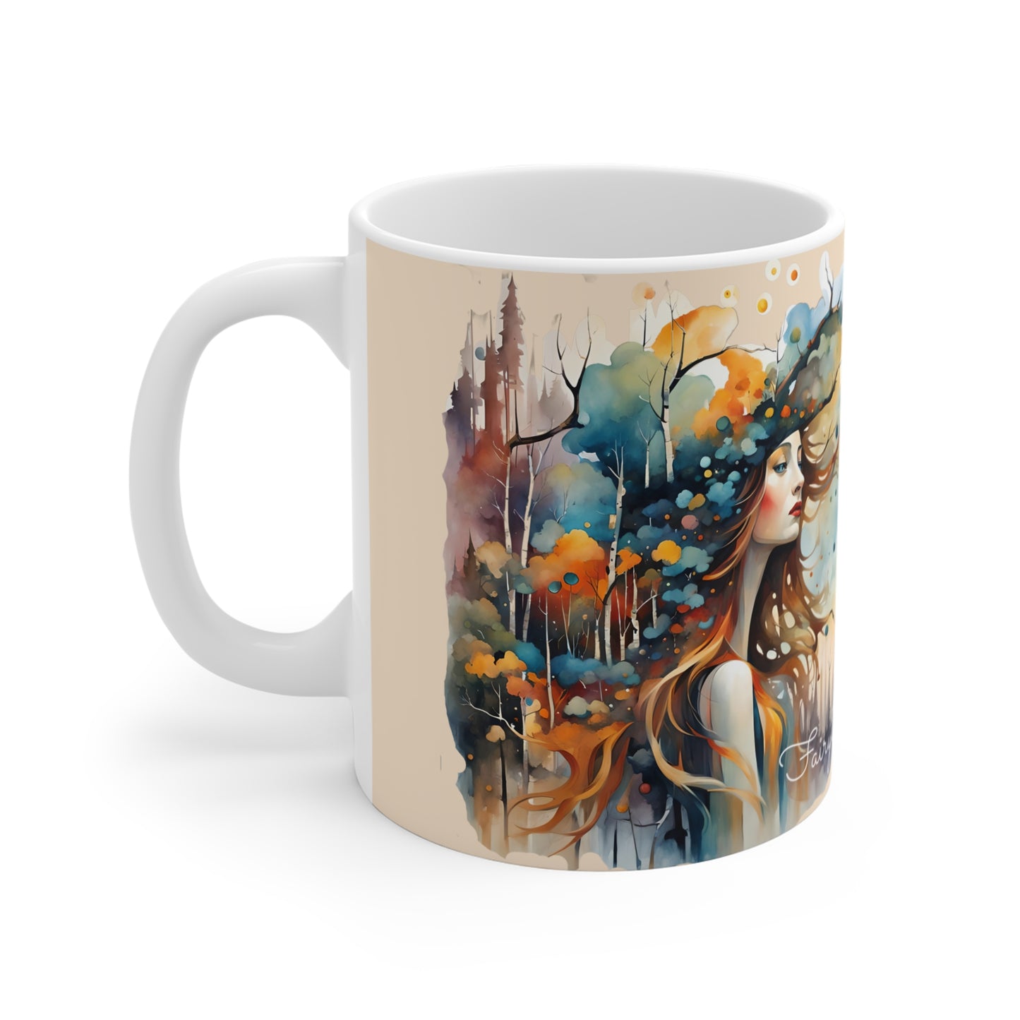 Elegant Woman with colorful hat a dress watching over the city Art Mug - 11oz Coffee Cup for Art Lovers