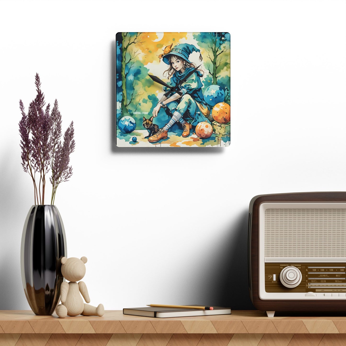 Acrylic Wall Clock -Girl with cat Art