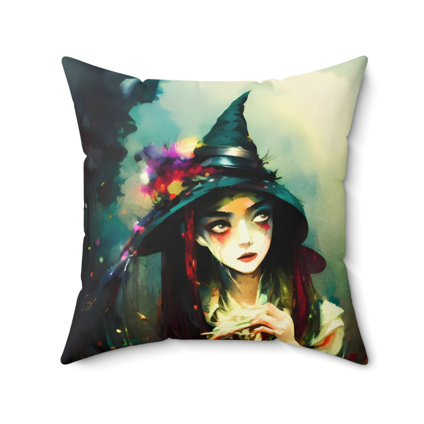 Square Pillow - Colorful Halloween Witch Pillow by Fairyhill Studio