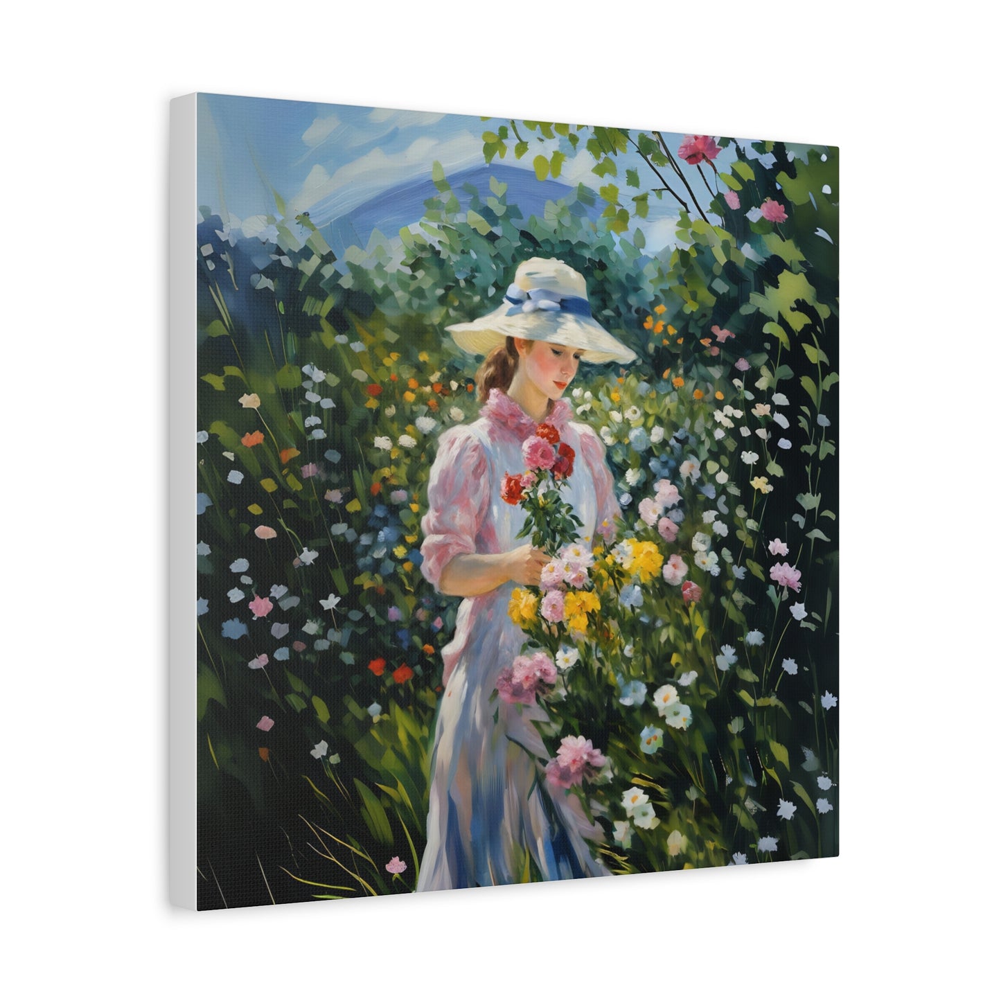 Canvas Art - Monet Style Floral Serenity with Elegant Woman and Flower Basket, Stretched Matte 1 25"