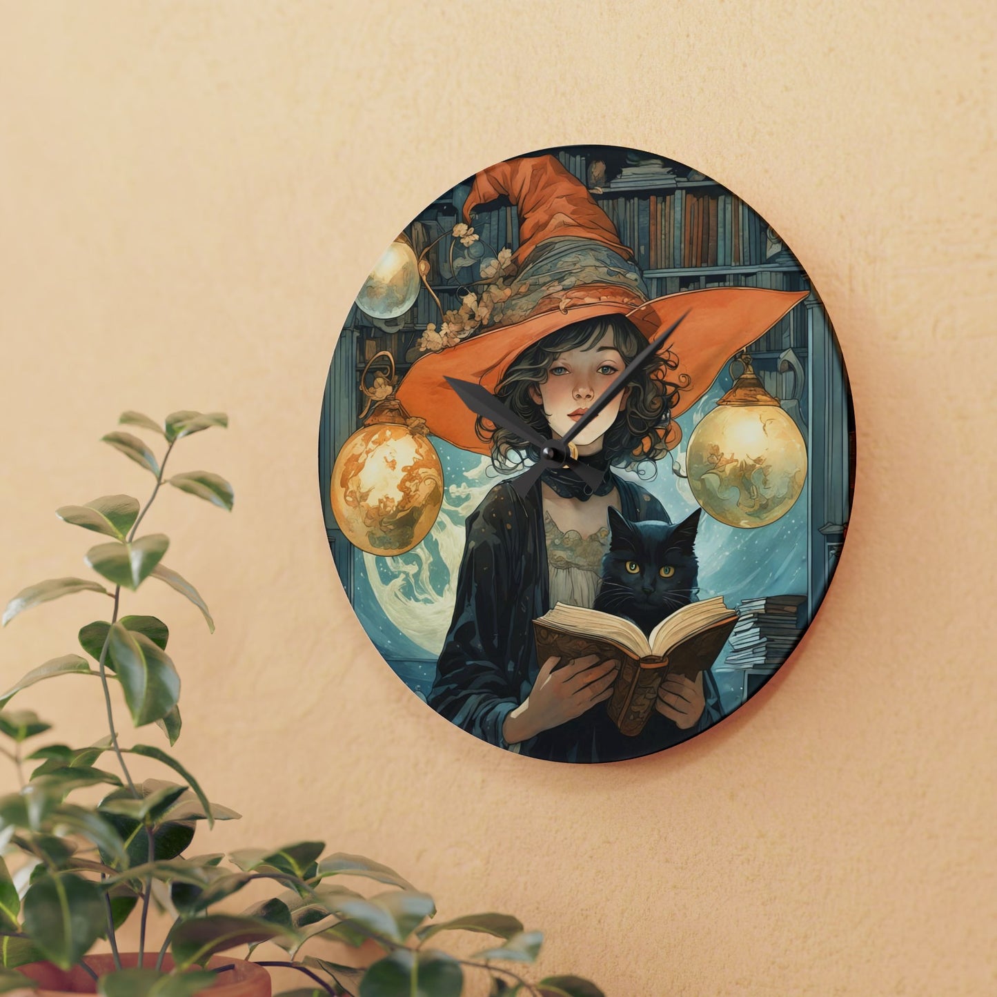 Acrylic Wall Clock - Witch and Black Cat Reading Book Art by Fairyhill Studio