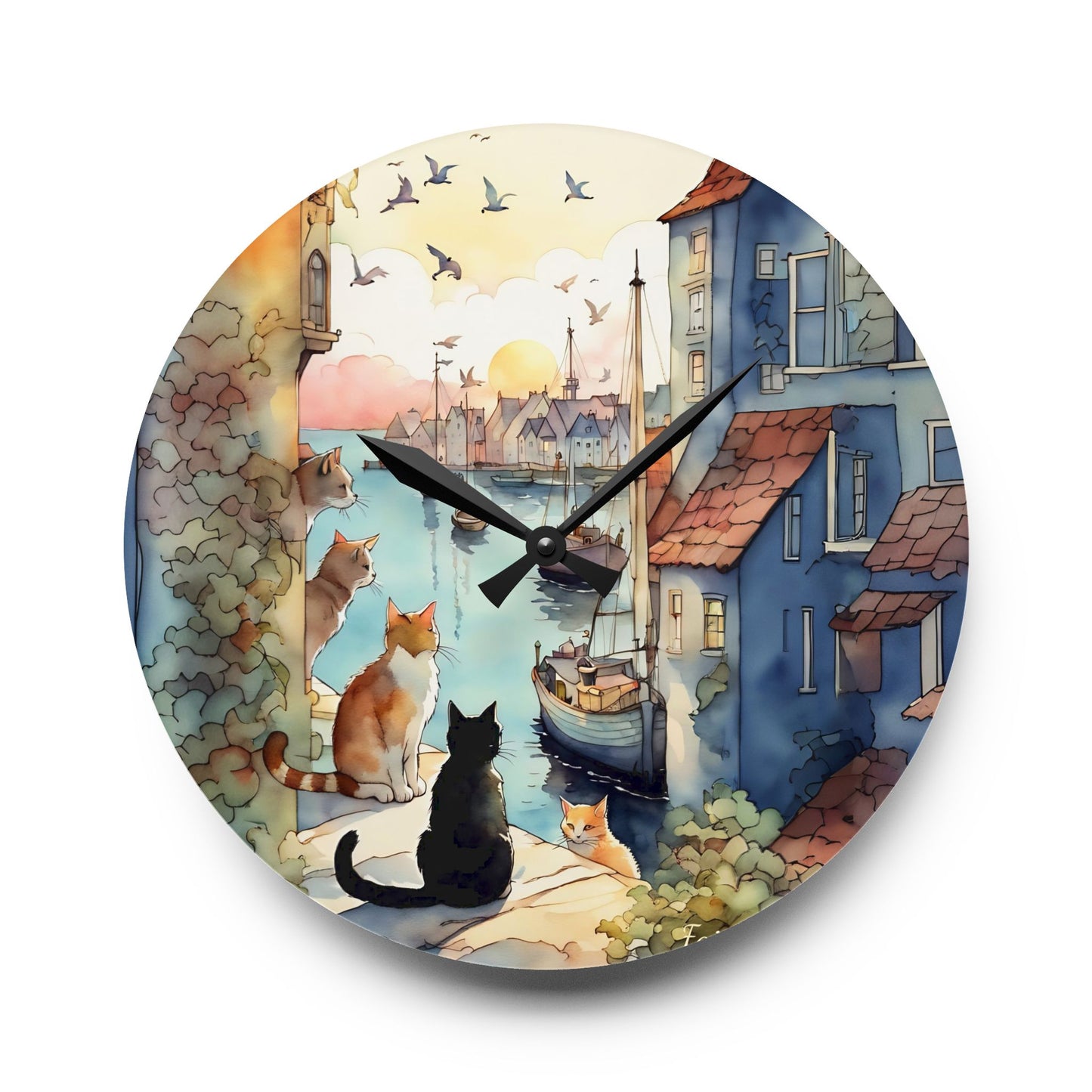 Cats by the Sea - by Fairyhill Studio Wall clock Gift Acrylic Wall Clock