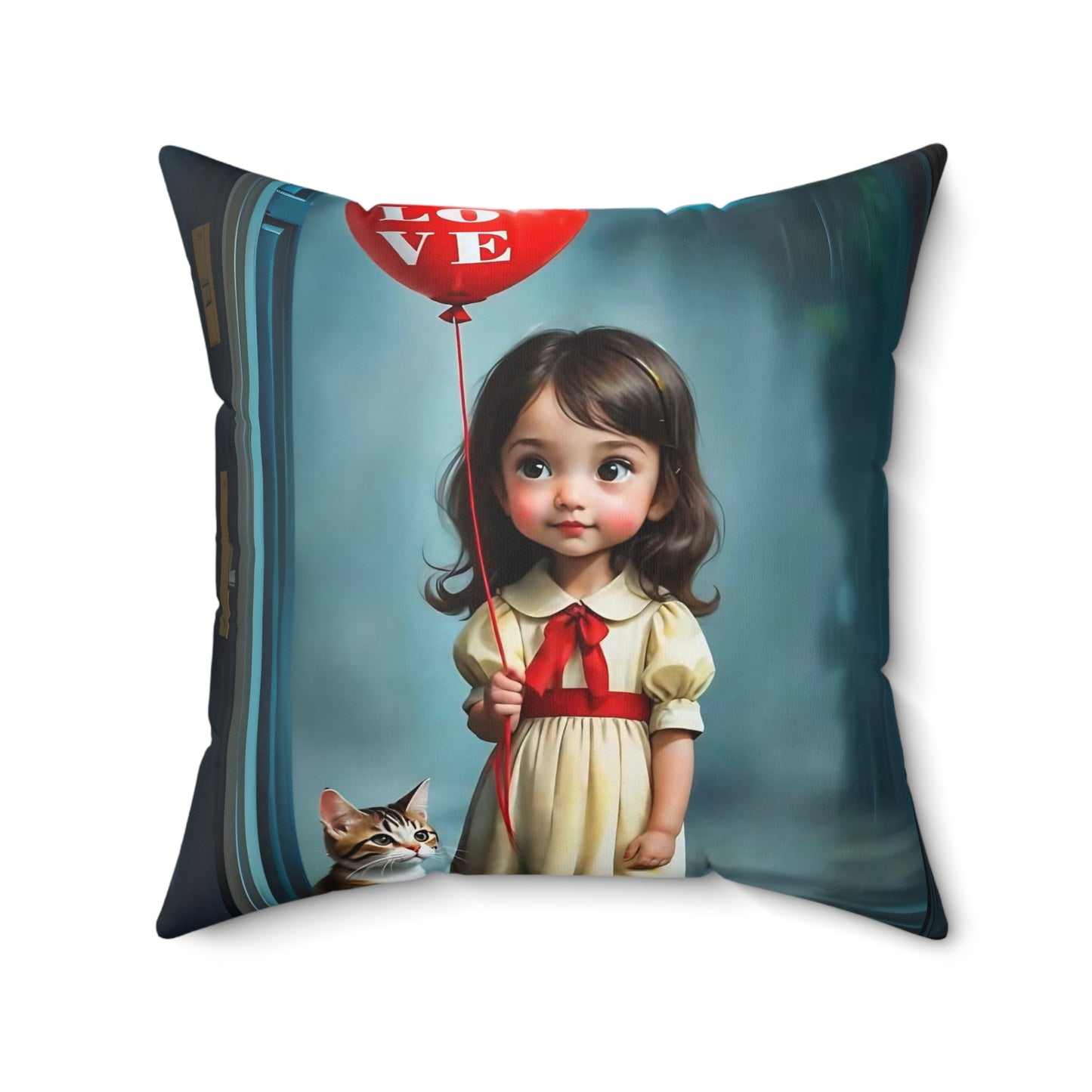 Square Pillow - Cute Girl with Red Love Balloon and Cat Art by Fairyhill Studio
