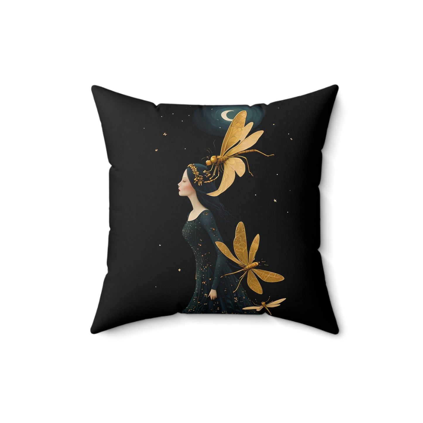 Square Pillow - Midnight Girl with Golden Dragonflies at Night Art by Fairyhill Studio