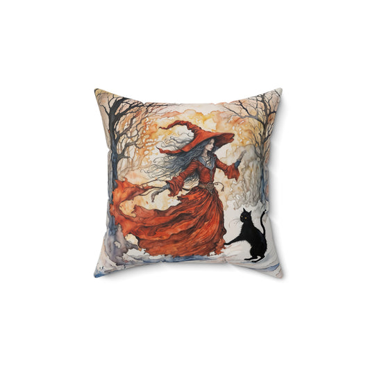 Crimson witch with black cat pillow  Square Pillow - by Fairyhill Studio