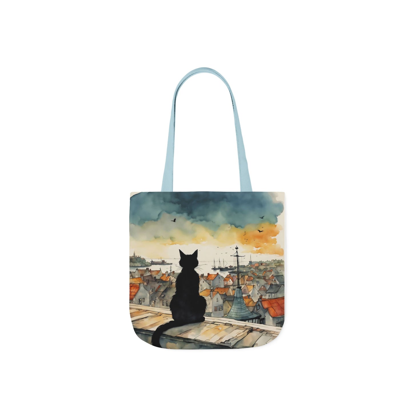 Black cat on a roof top FairyHill Studio Red phone- Canvas Tote Bag - Perfect for Beach Days, Eco-Friendly Shopping, and Summer Fun!