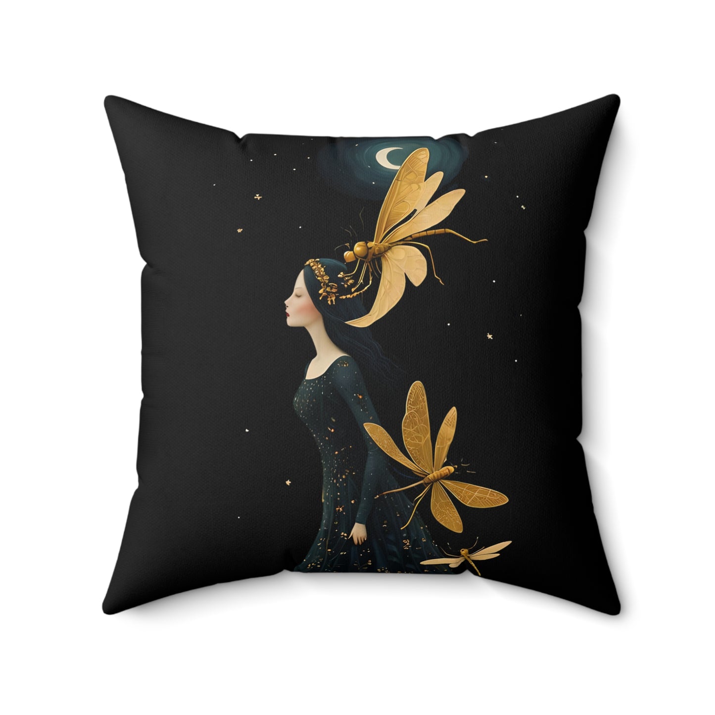 Square Pillow - Midnight Girl with Golden Dragonflies at Night Art by Fairyhill Studio