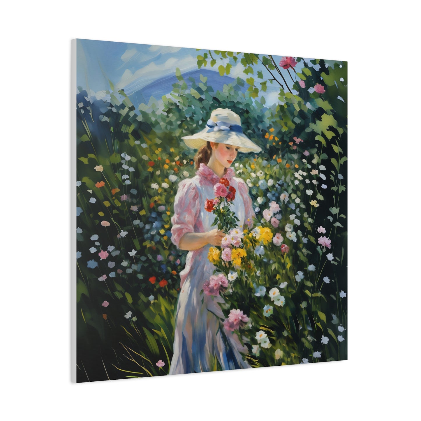 Canvas Art - Monet Style Floral Serenity with Elegant Woman and Flower Basket, Stretched Matte 1 25"