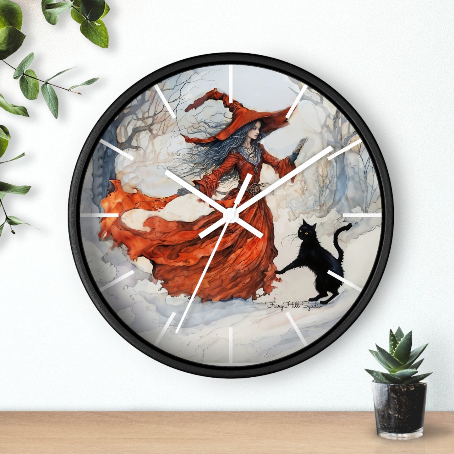 Crimson Witch with black cat Wall Clock, Boho Home Decor, Cat Lover Gift, Cozy Living Room Accessory, Unique Cat Artwork