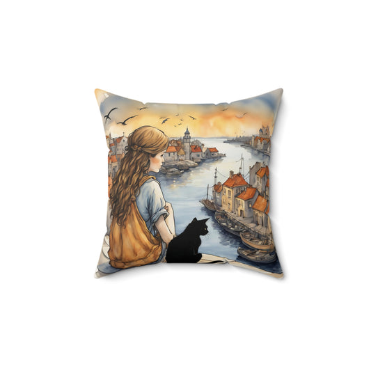 Girl with black cat  Black cat on a balcony  Square Pillow - by Fairyhill Studio
