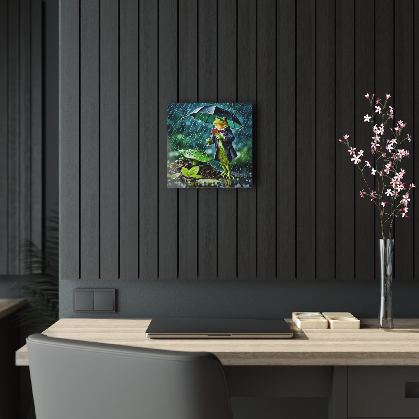Acrylic Print - Cute Frog with Umbrella and Rose Waiting Under the Rain Wall Art