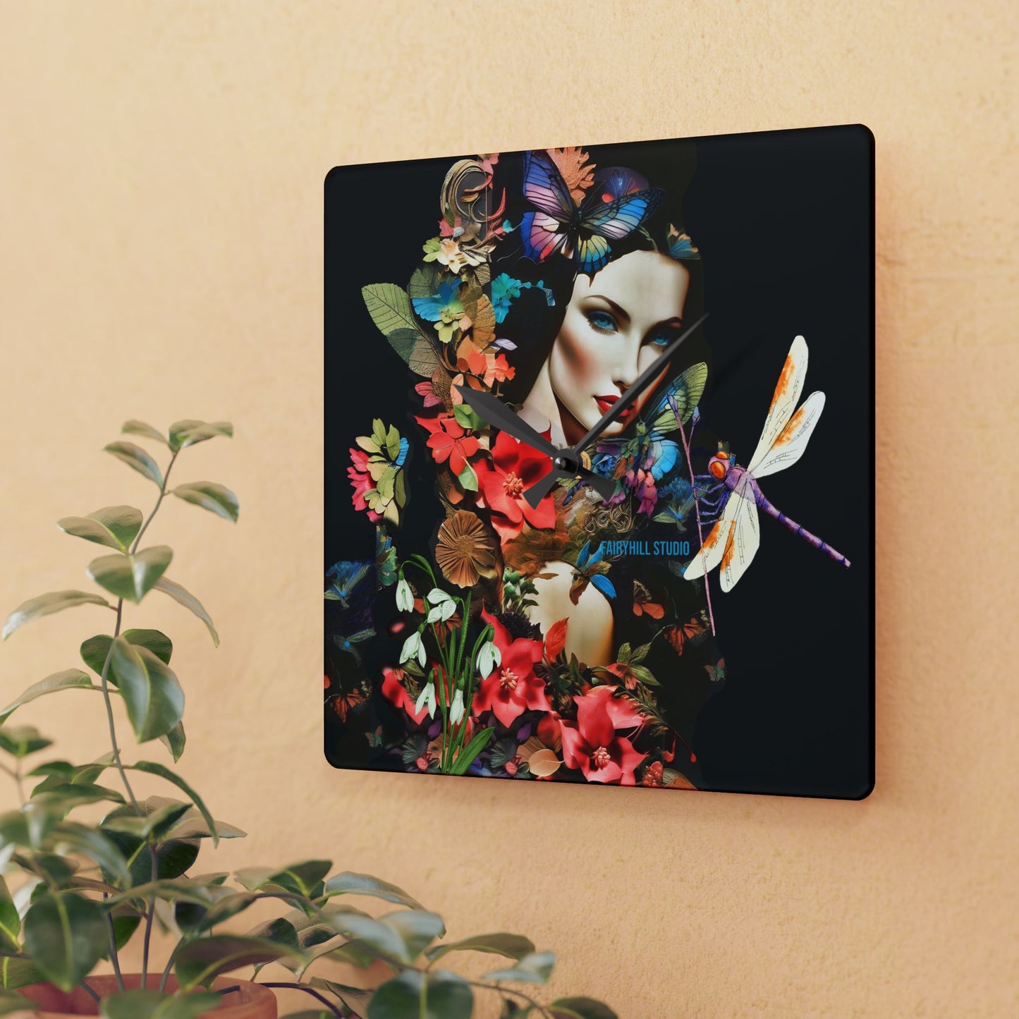 Acrylic Wall Clock -Lady in Nature with a Dragonfly /Art