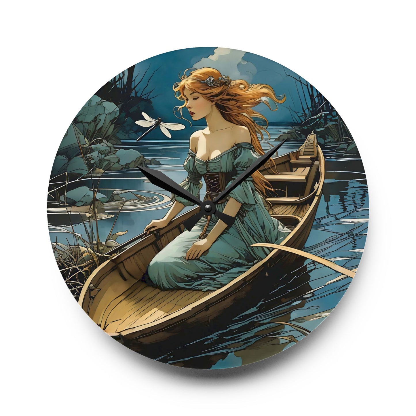 Acrylic Wall Clock Woman in a boat with a Dragonfly
