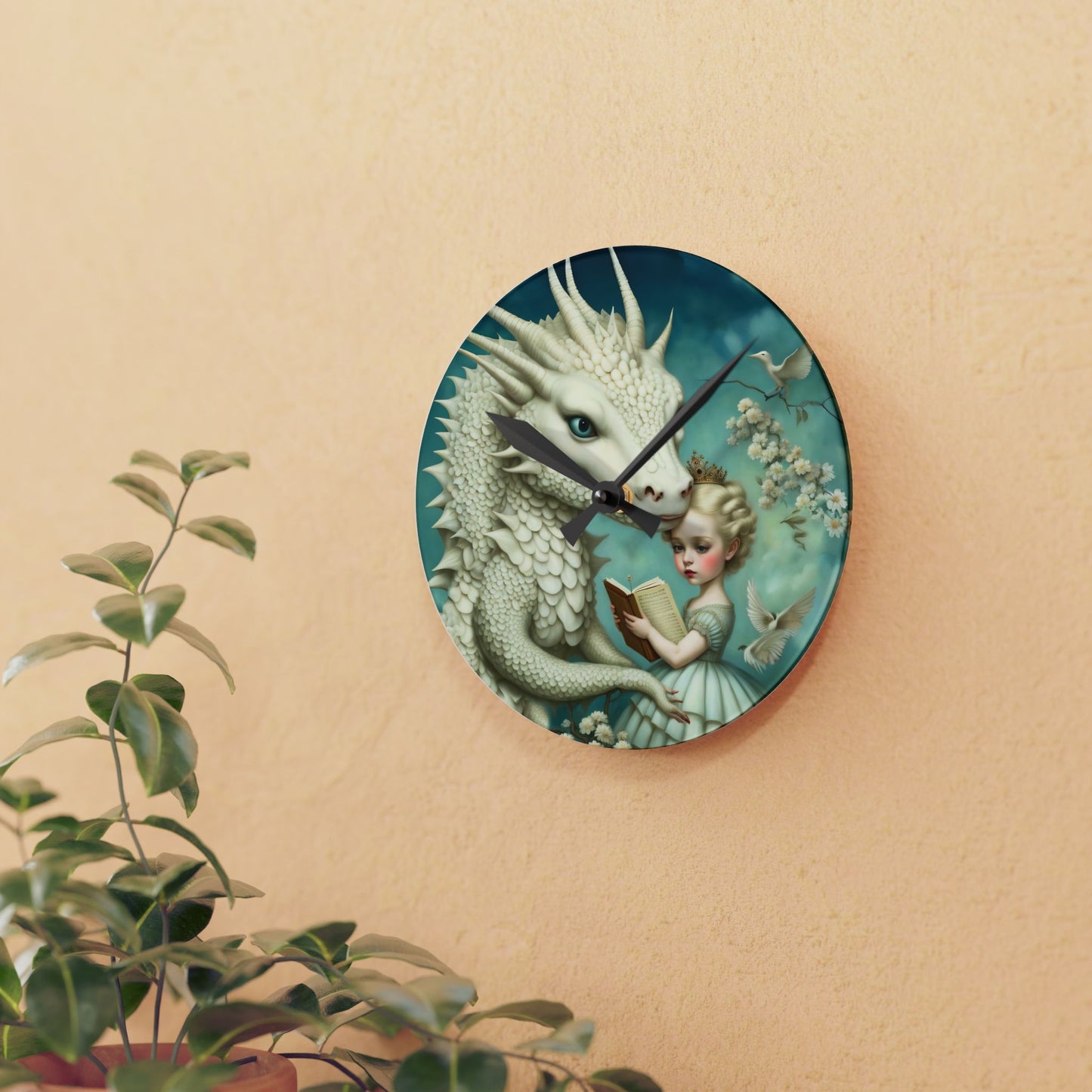 Acrylic Wall Clock Girl with a White Dragon Art