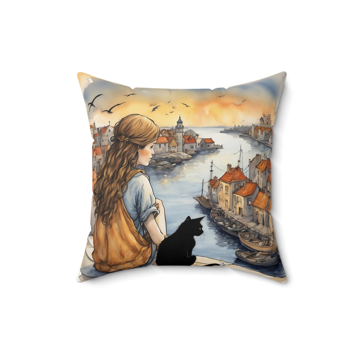Girl with black cat Black cat on a balcony Square Pillow - by Fairyhill Studio