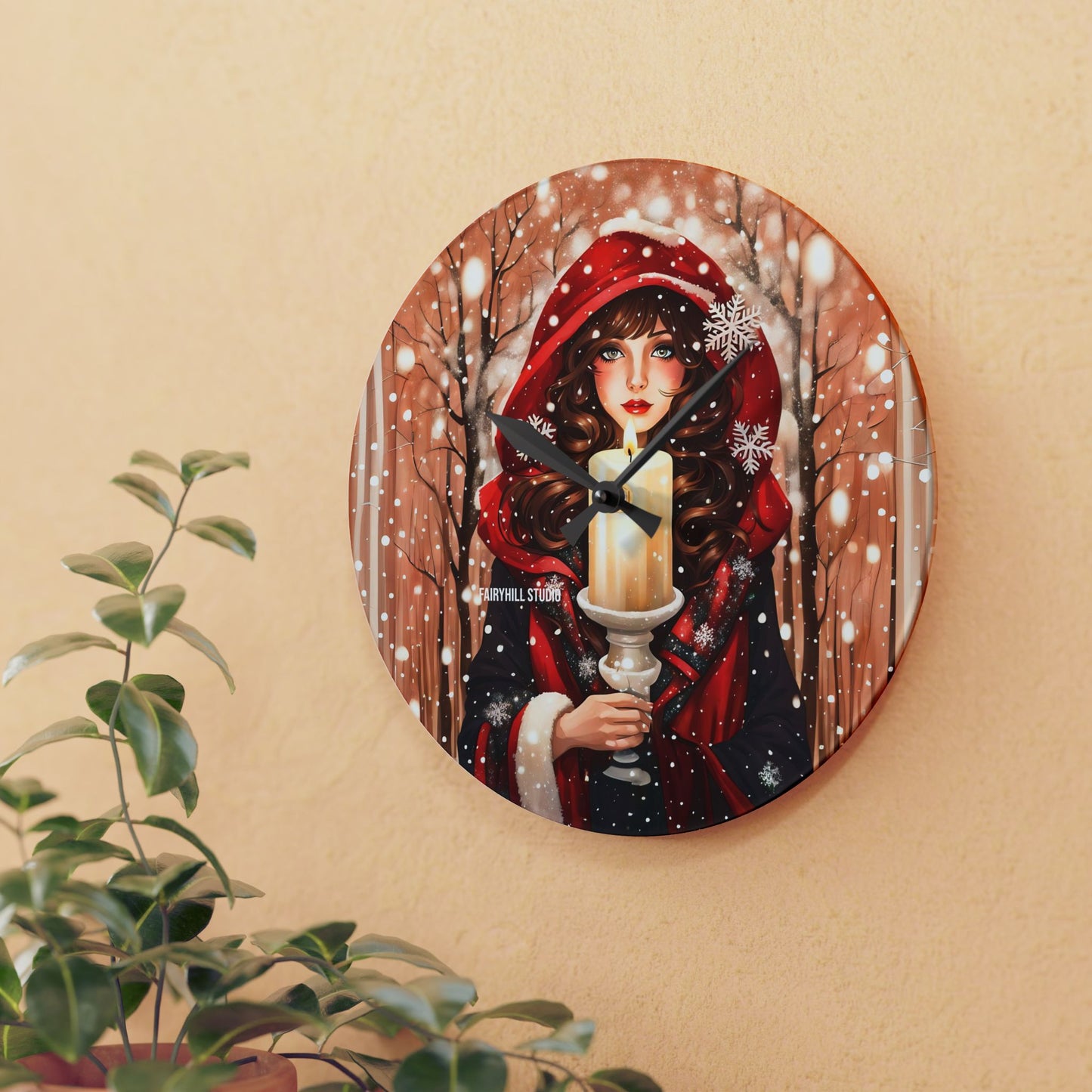 Acrylic Wall Clock -Winter Girl with a Christmas Candle