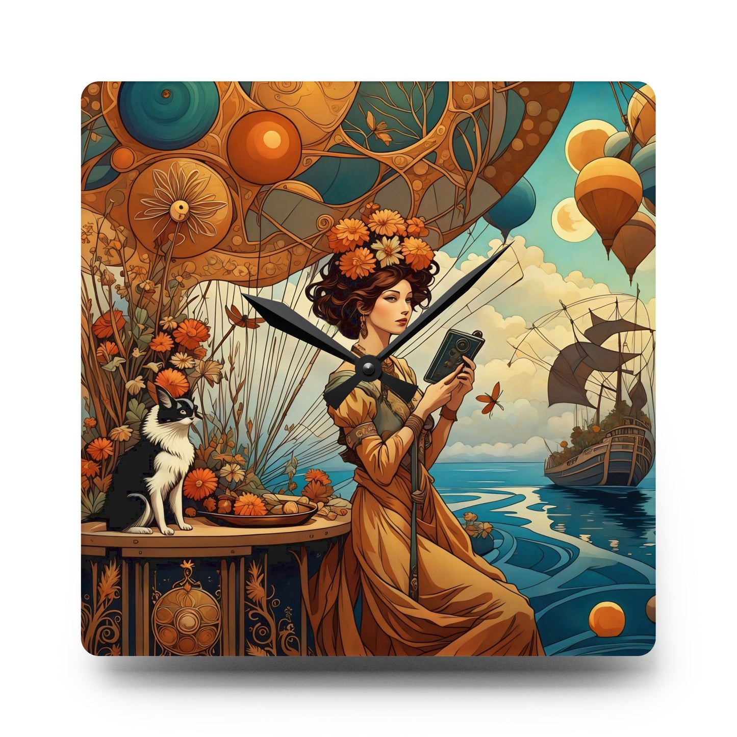 Acrylic Wall Clock Woman Reading Book with Cat and Hot Air Balloons Art