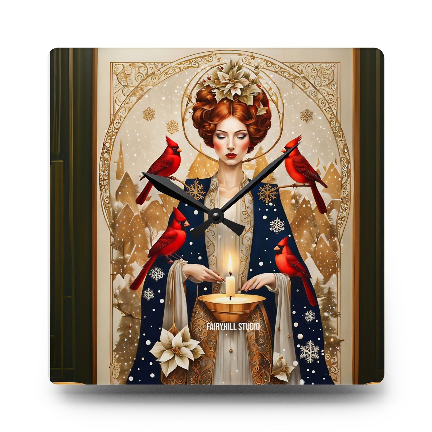 Acrylic Wall Clock - Girl with red Cardinal birds in winter