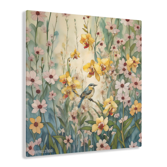 Art Acrylic Prints - Blue Bird in Yellow Flowers