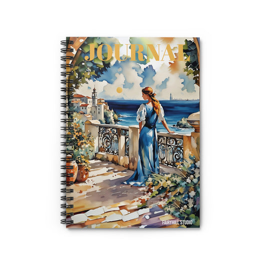Blue Dress Spiral Notebook - Ruled Line Mediterranean Balcony Watercolor Art