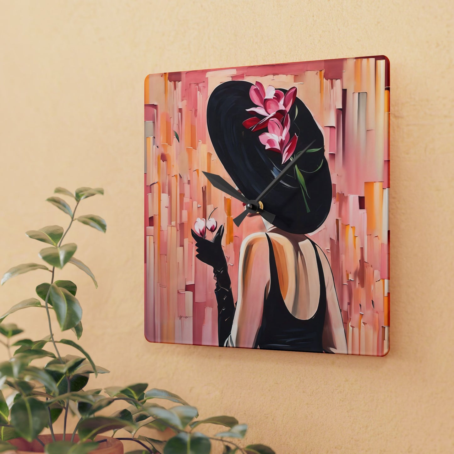 Acrylic Wall Clock Pink and Black Art Lady with Black Hat Marini Glass Fairyhill Studio Design