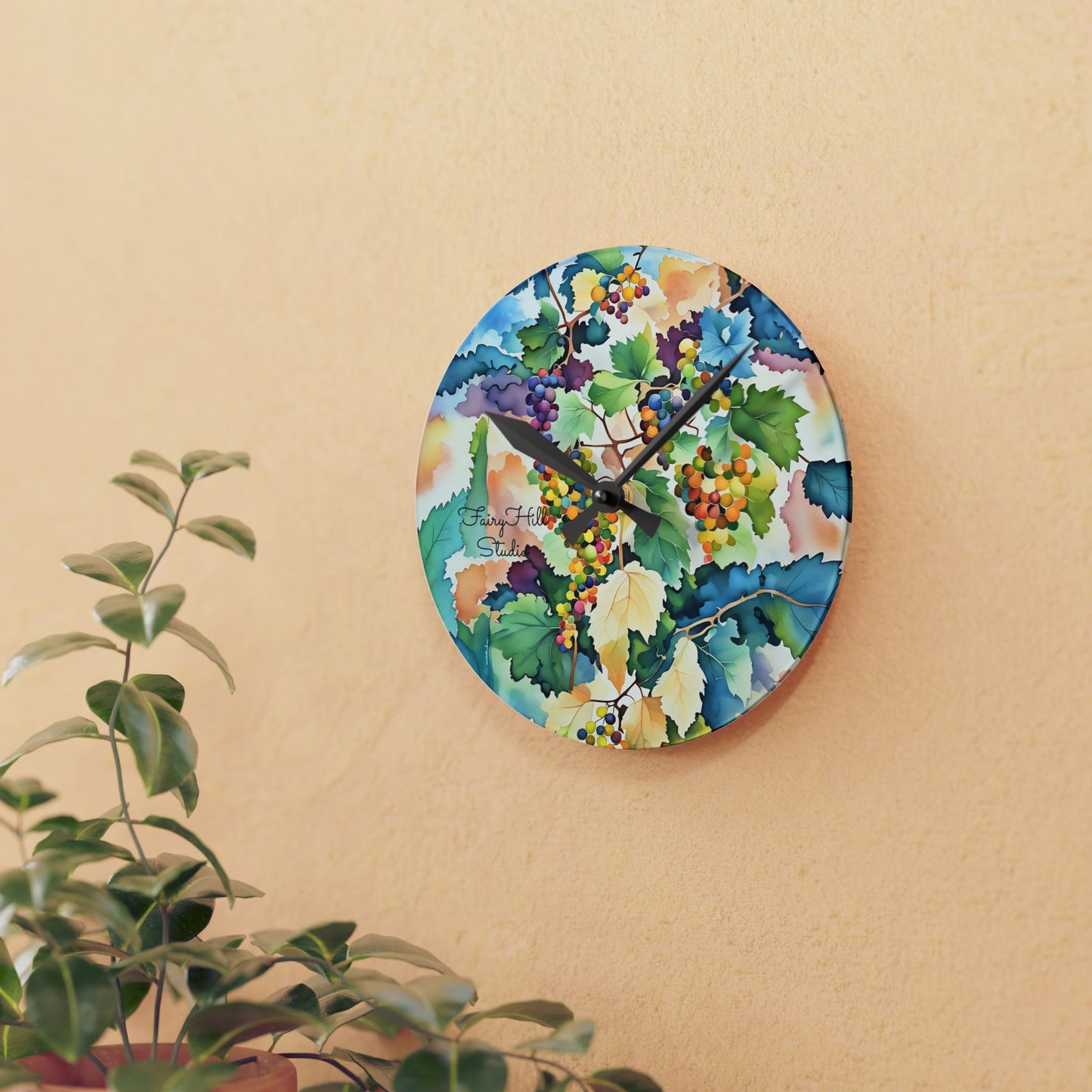 Wall Clock Watercolor Tuscany Grapes Art