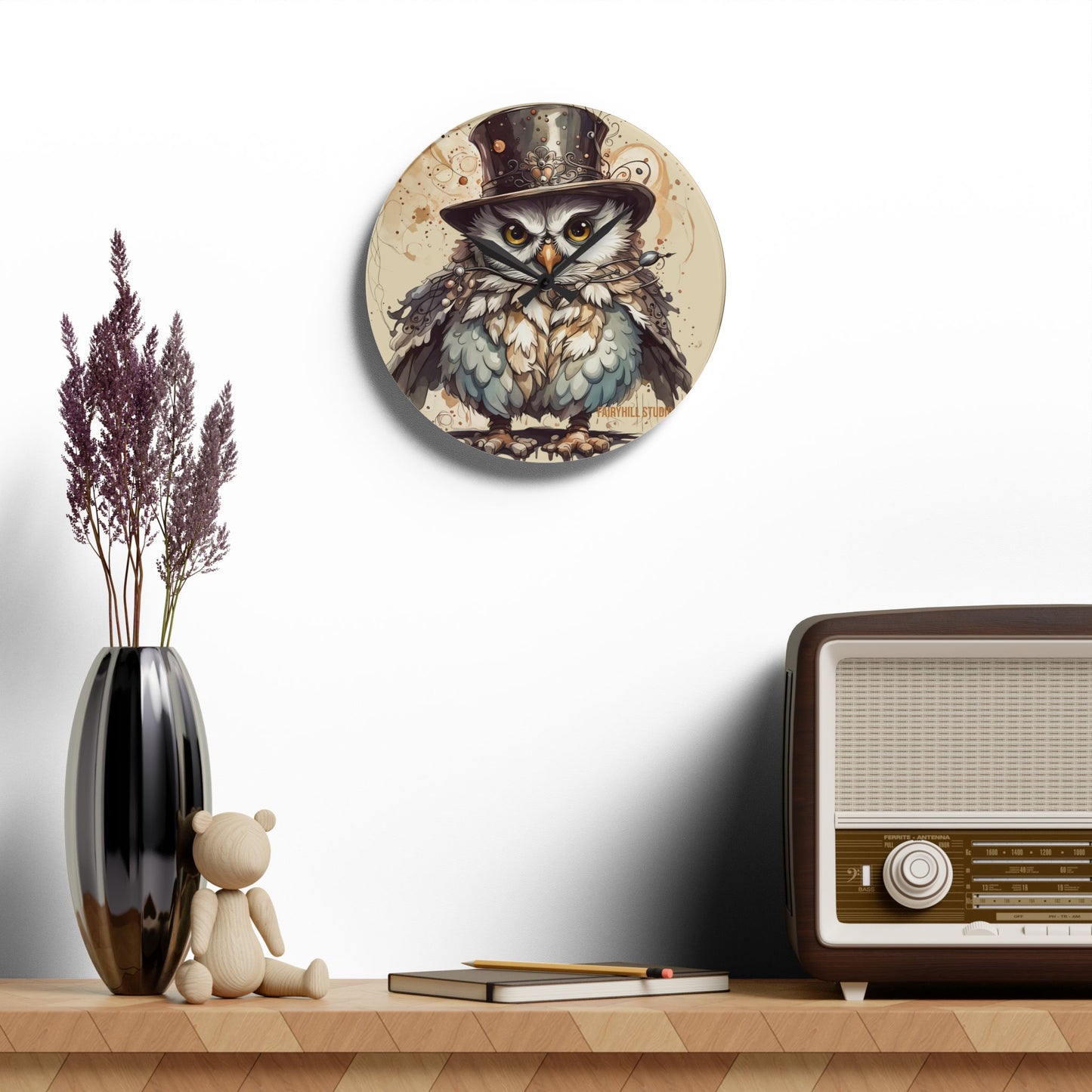 Acrylic Wall Clock - Cute Night Owl Steampunk Art