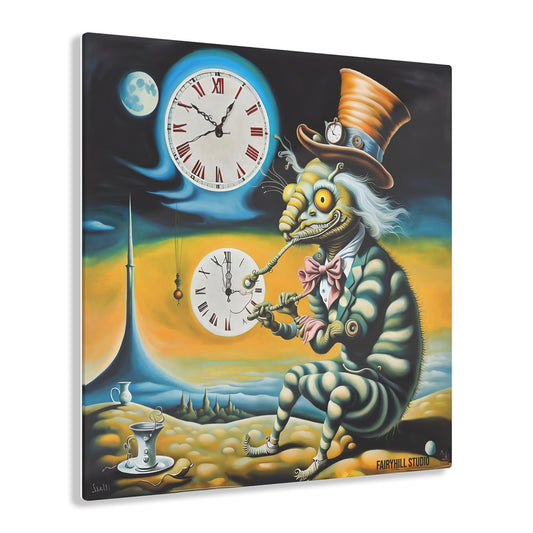 Acrylic Print - Whimsical Caterpillar in Top Hat and Pipe Under Clock Solitude