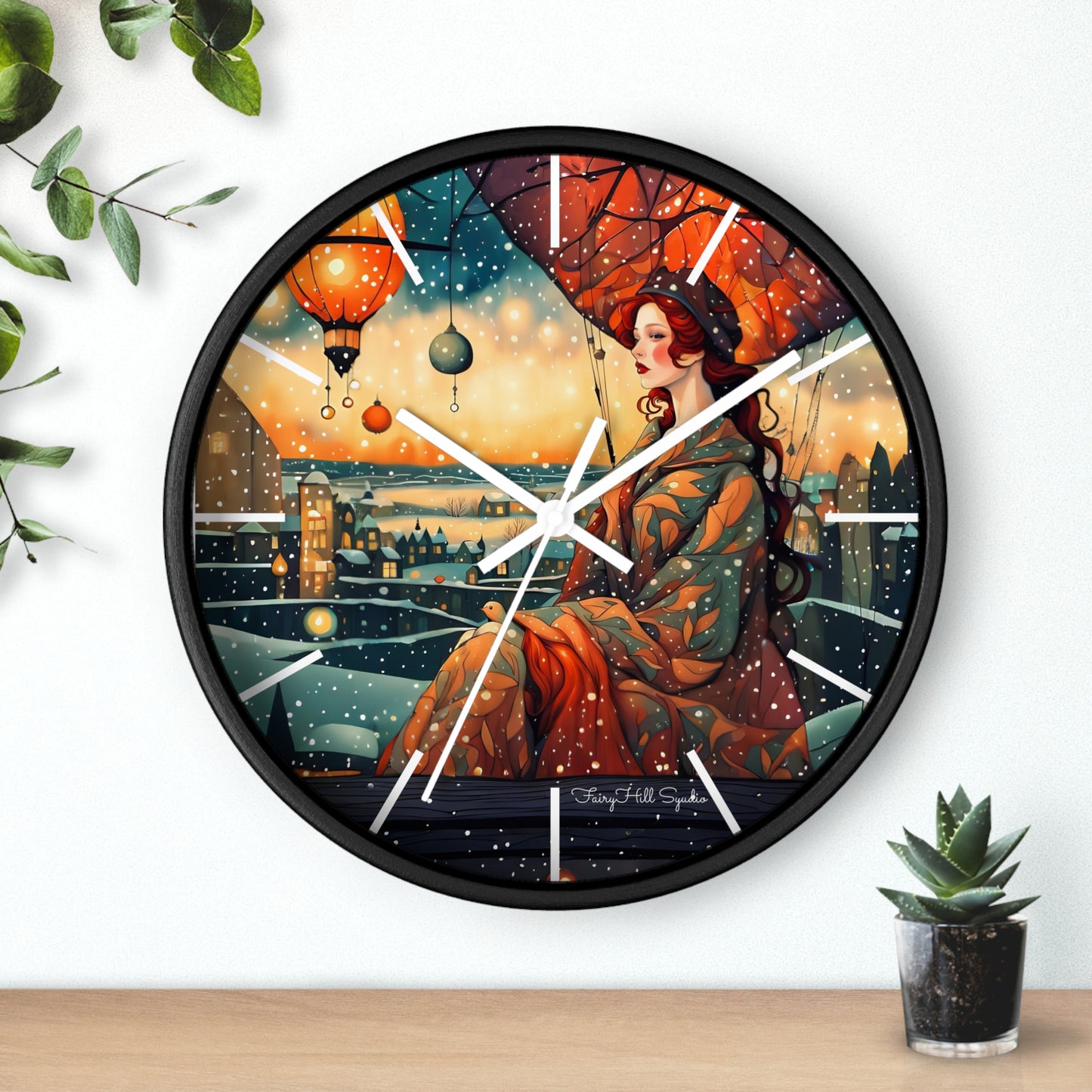 Whimsical City snow Wall Clock, Boho Home Decor, Cat Lover Gift, Cozy Living Room Accessory, Unique Cat Artwork