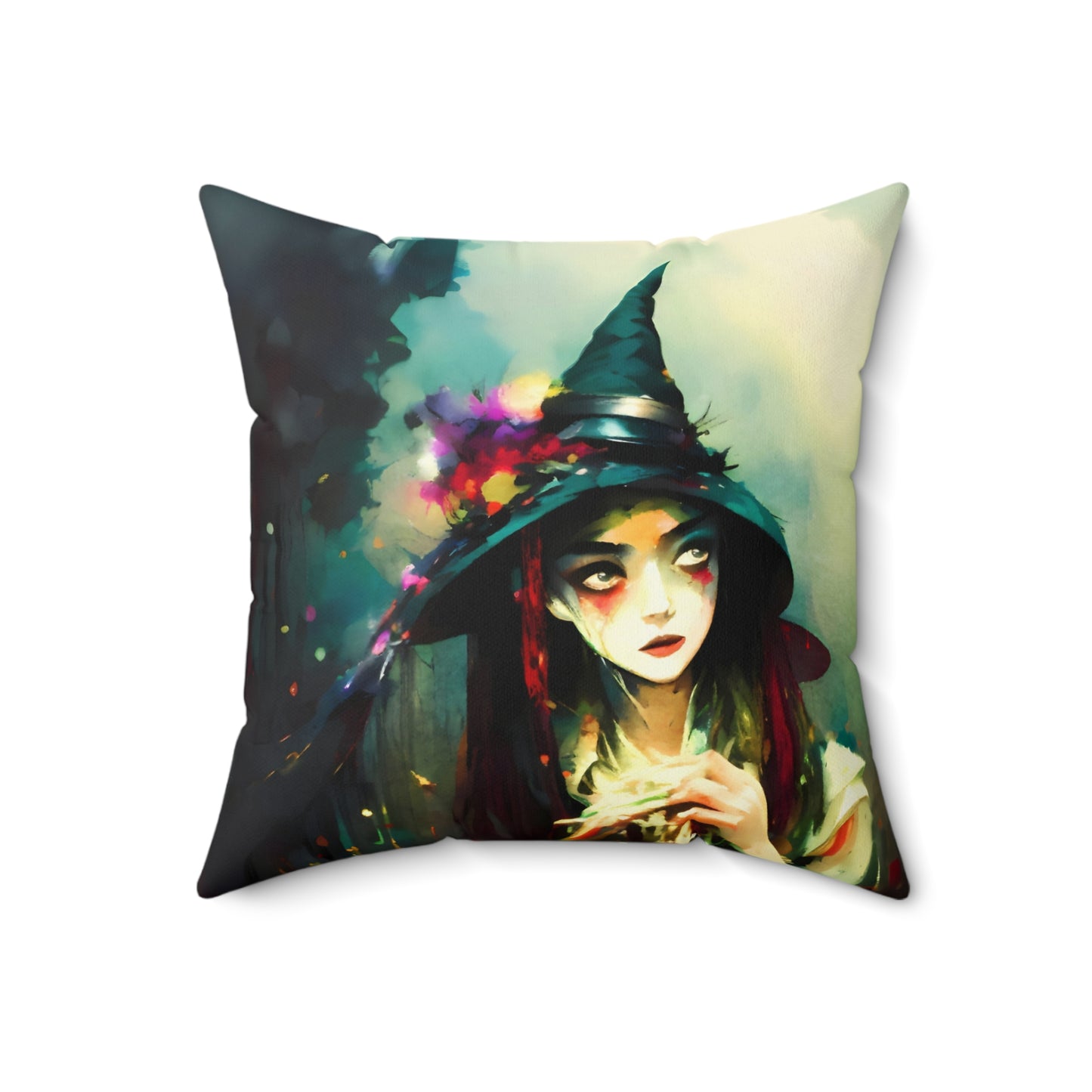 Square Pillow - Colorful Halloween Witch Pillow by Fairyhill Studio