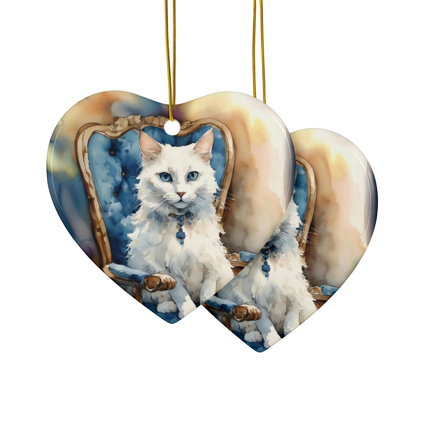 Ceramic Ornaments - White Cat on Blue Chair - 2-Side Print - Holiday Decor