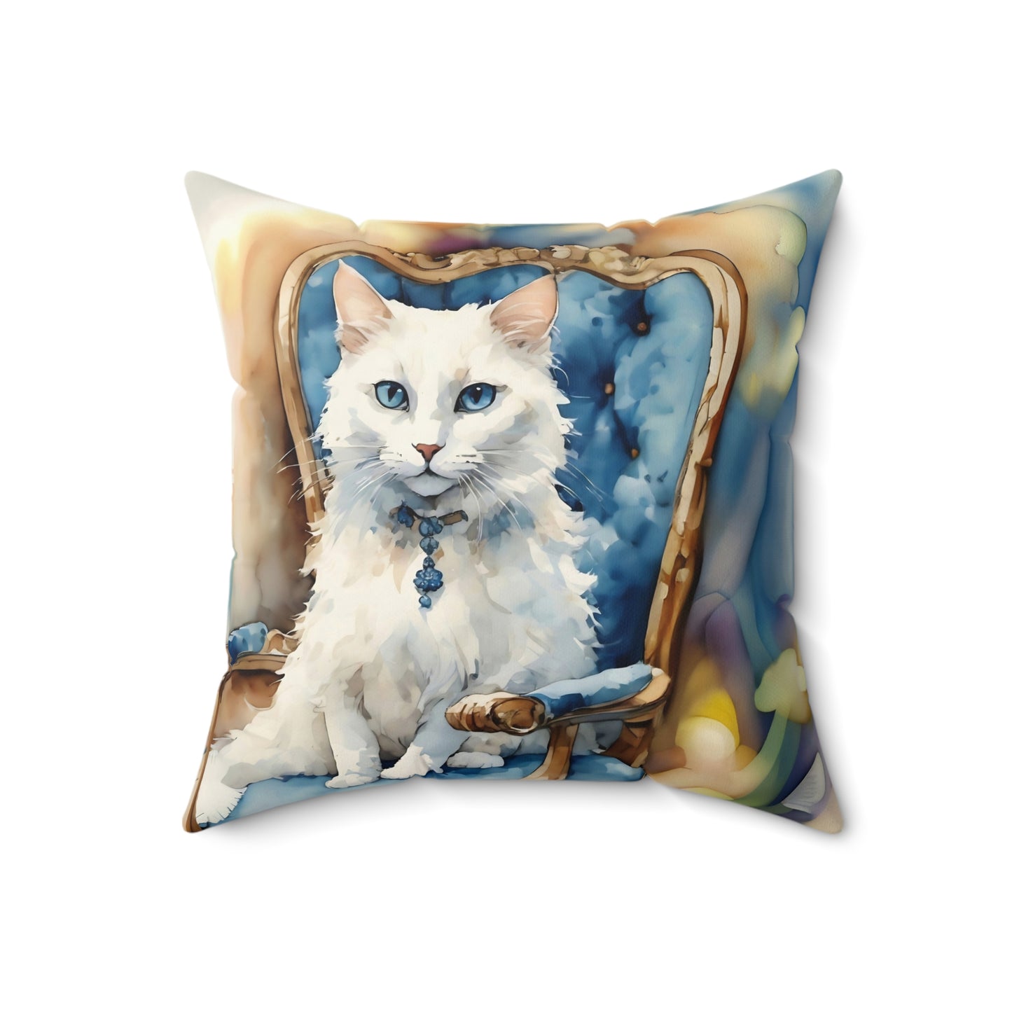Square Pillow Adorable White Cat with Blue Eyes Art by Fairyhill Studio