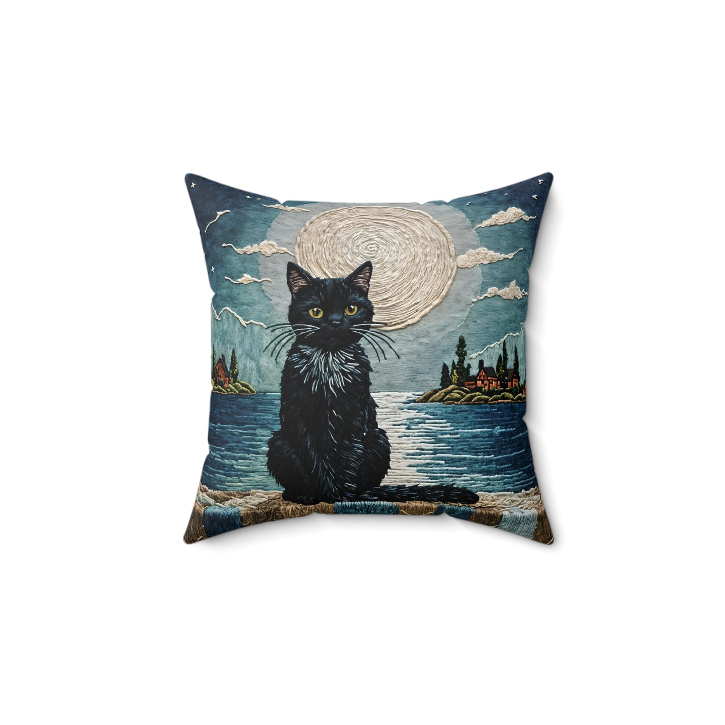 Square Pillow - Cute Black Cat Sitting on Wall Sea View Moonlight Design