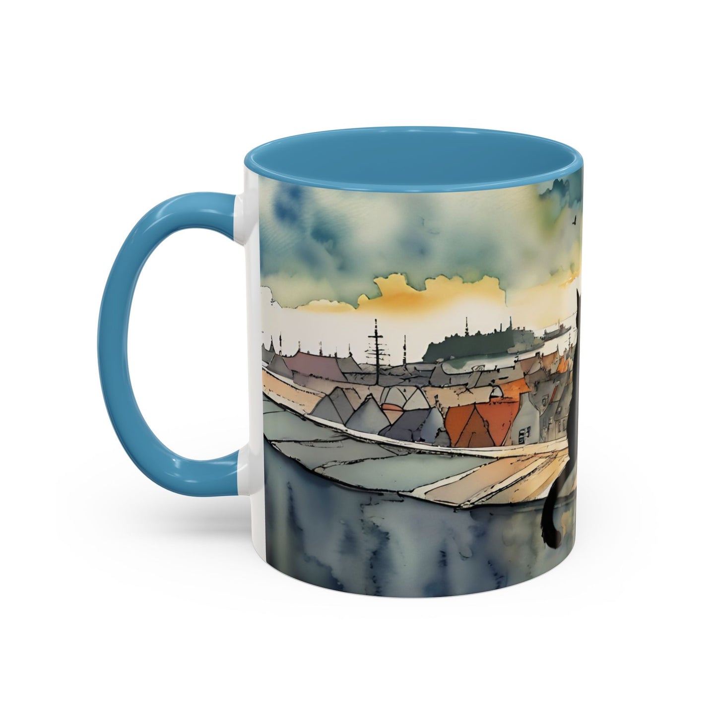 Black cat on a roof top Art-Themed Coffee Mug - 11 & 15oz Accent Mug for Musroom Fsiry Lovers