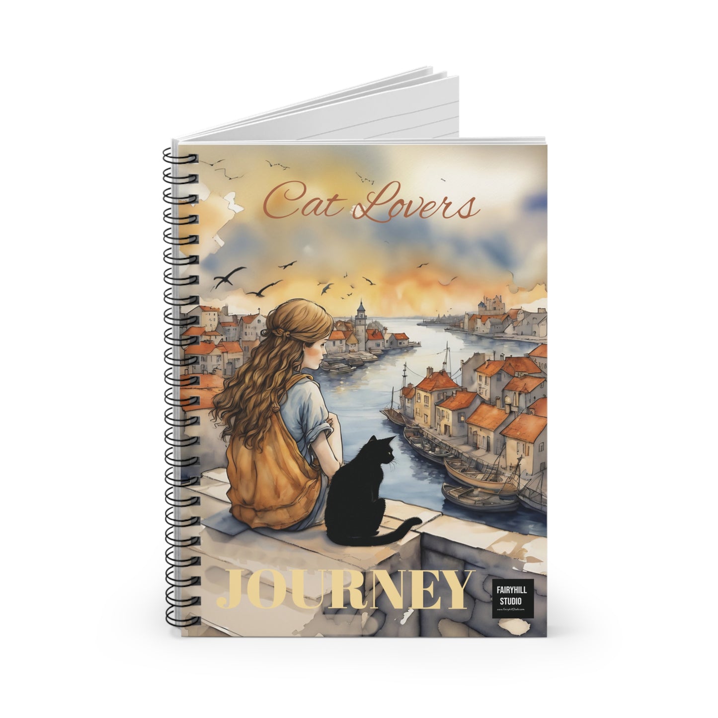 Girl with black Cat on a roof Spiral Notebook /Fairyhill studio