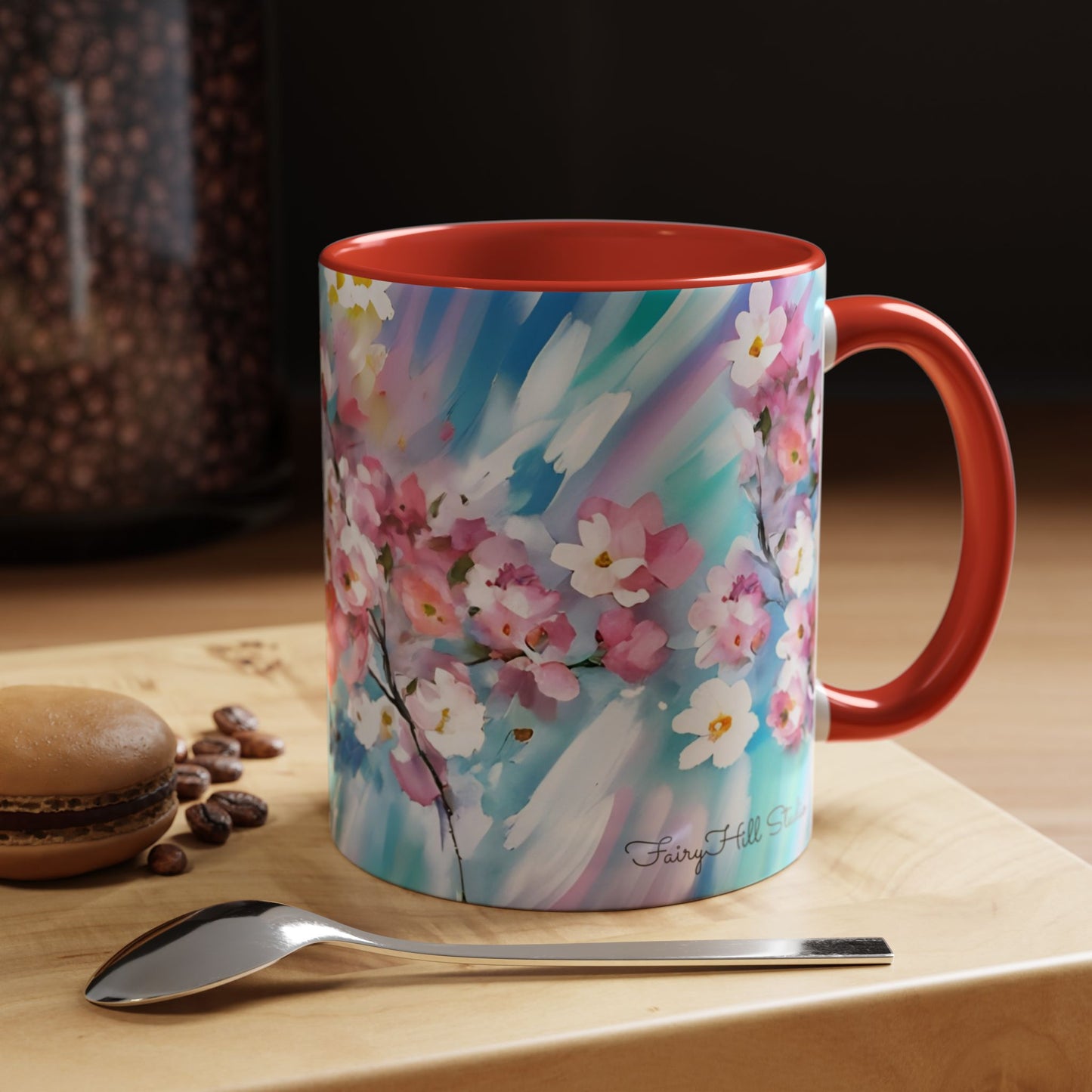 Coffee Mug - Floral Cherry Blossoms Canvas on Blue Sky Background