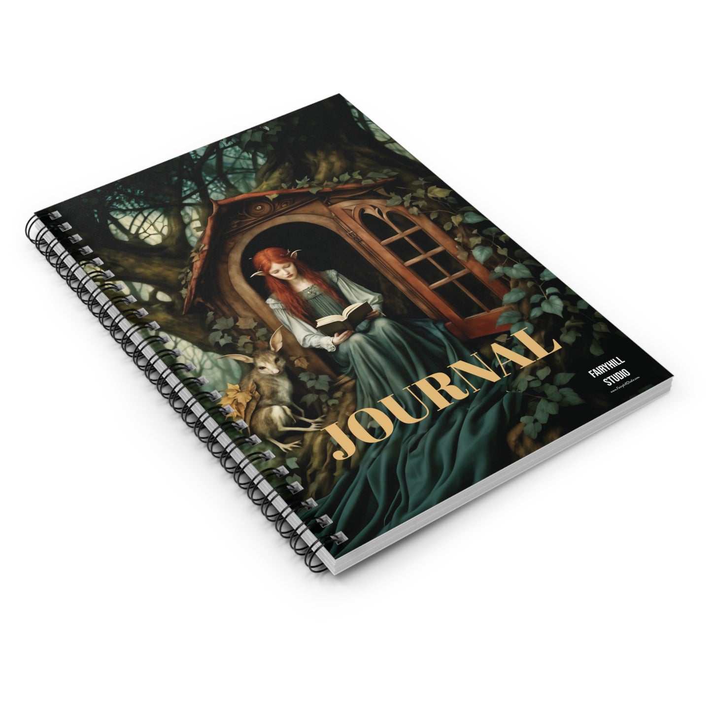 Journal Notebook Gift for Her - Elvin with Long Red Hair in Front of a Tree House