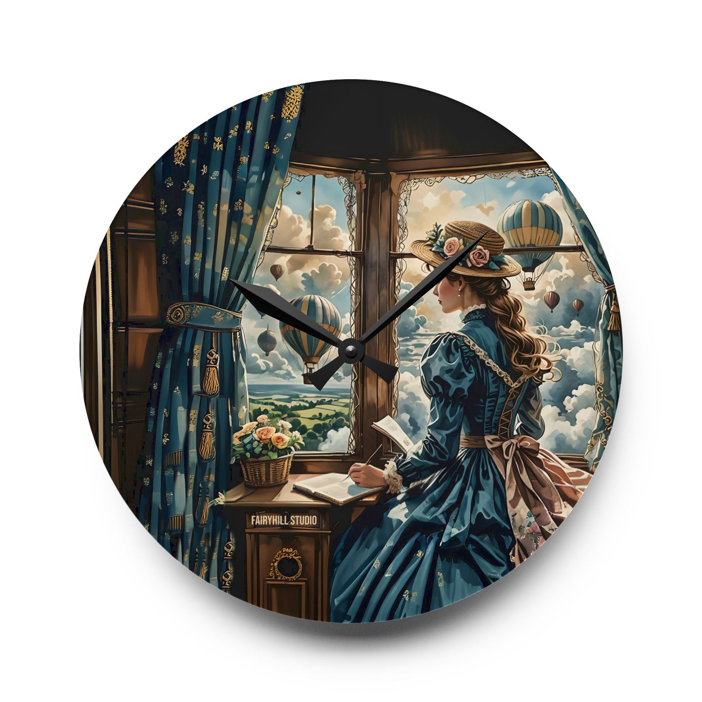 Acrylic Wall Clock -Victorian girl watching the Hot Air Balloons