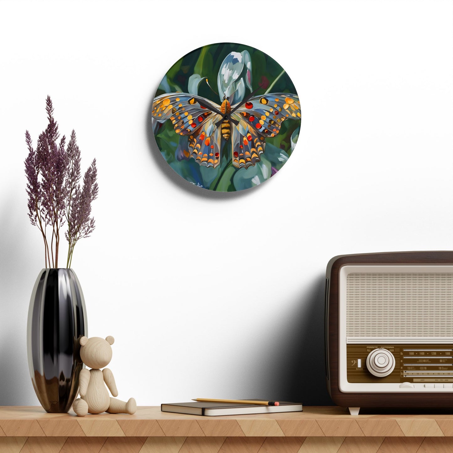 Acrylic Wall Clock - Lovely Butterfly on a Flower Art