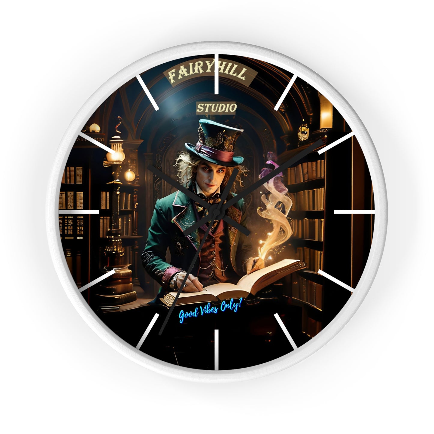 Wall Clock - "Good Vibes Only" Mad Hatter with Books