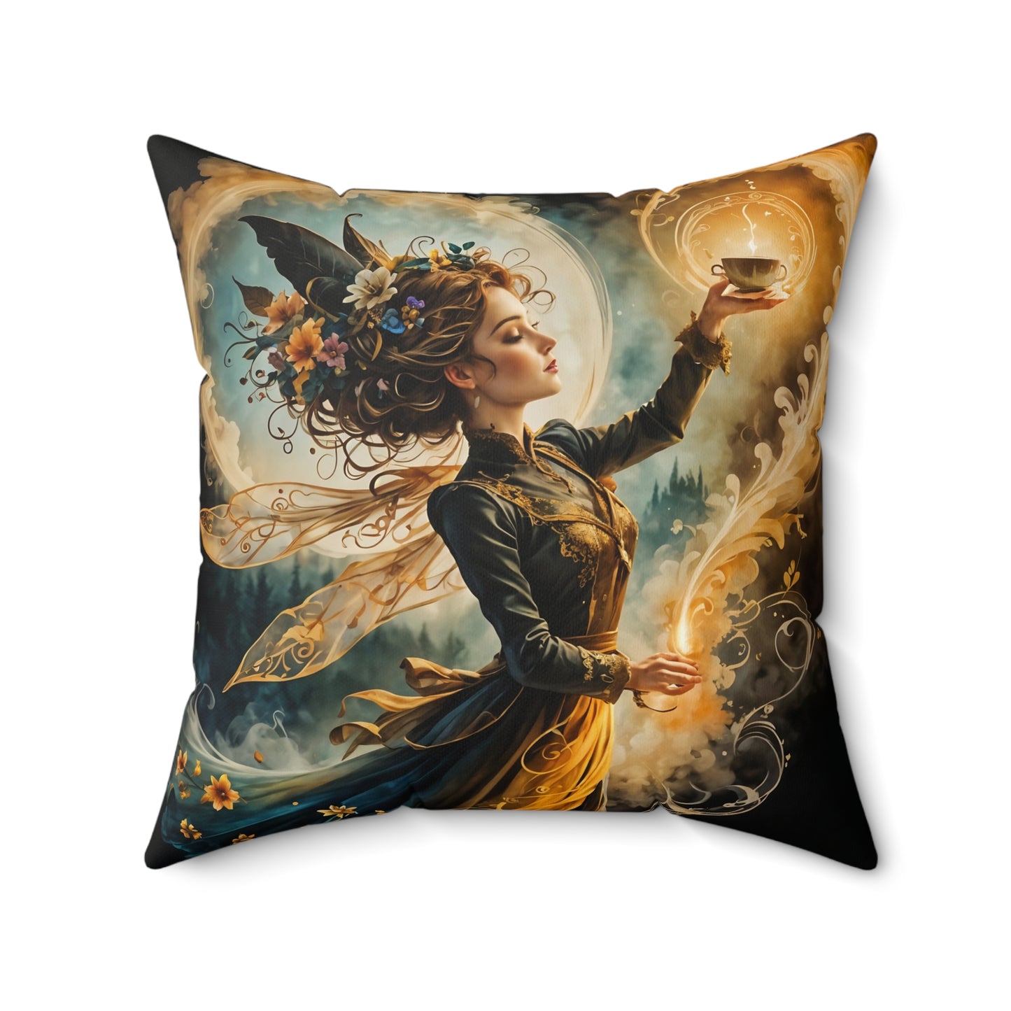 Square Pillow - Lovely Magical Fairy Holding a Candle Whimsical Art by Fairyhill Studio