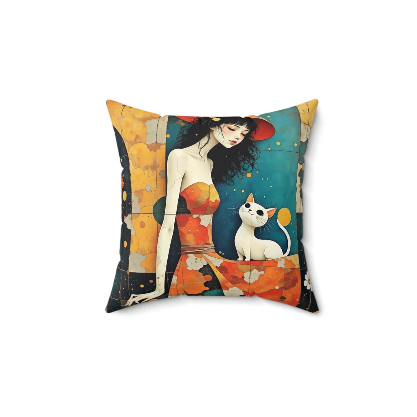 Witch with white cat Square Pillow - by Fairyhill Studio