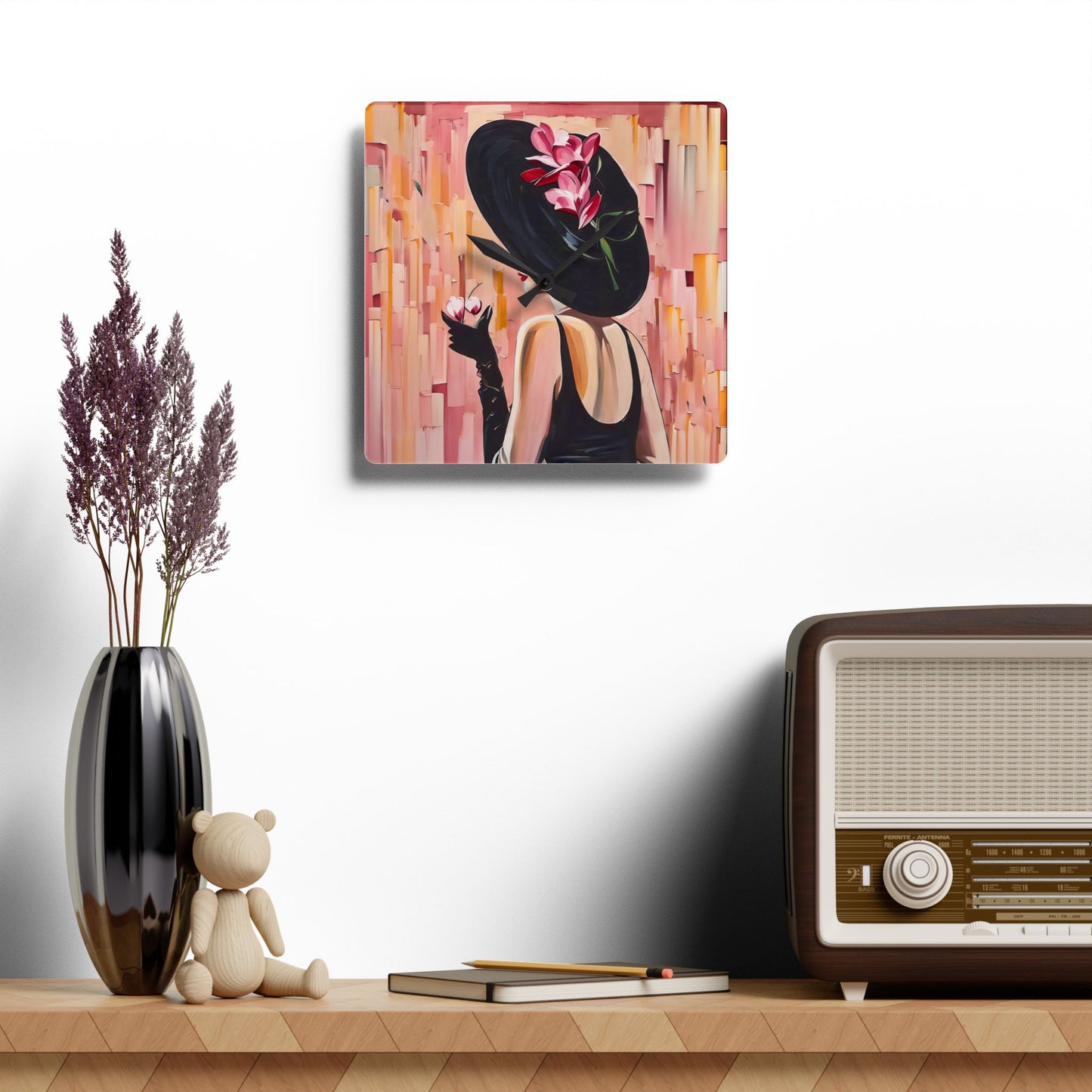 Acrylic Wall Clock Pink and Black Art Lady with Black Hat Marini Glass Fairyhill Studio Design