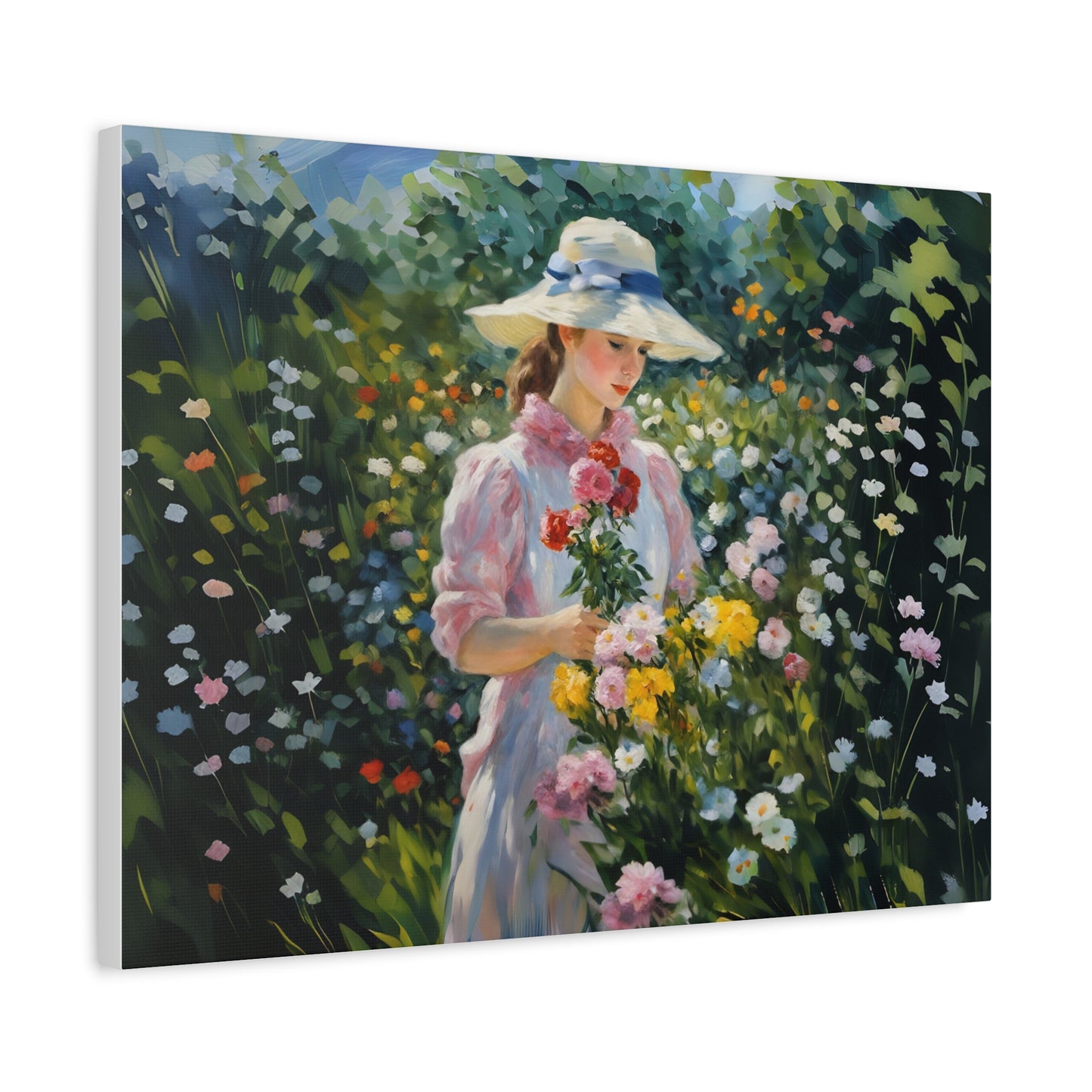 Canvas Art - Monet Style Floral Serenity with Elegant Woman and Flower Basket, Stretched Matte 1 25"