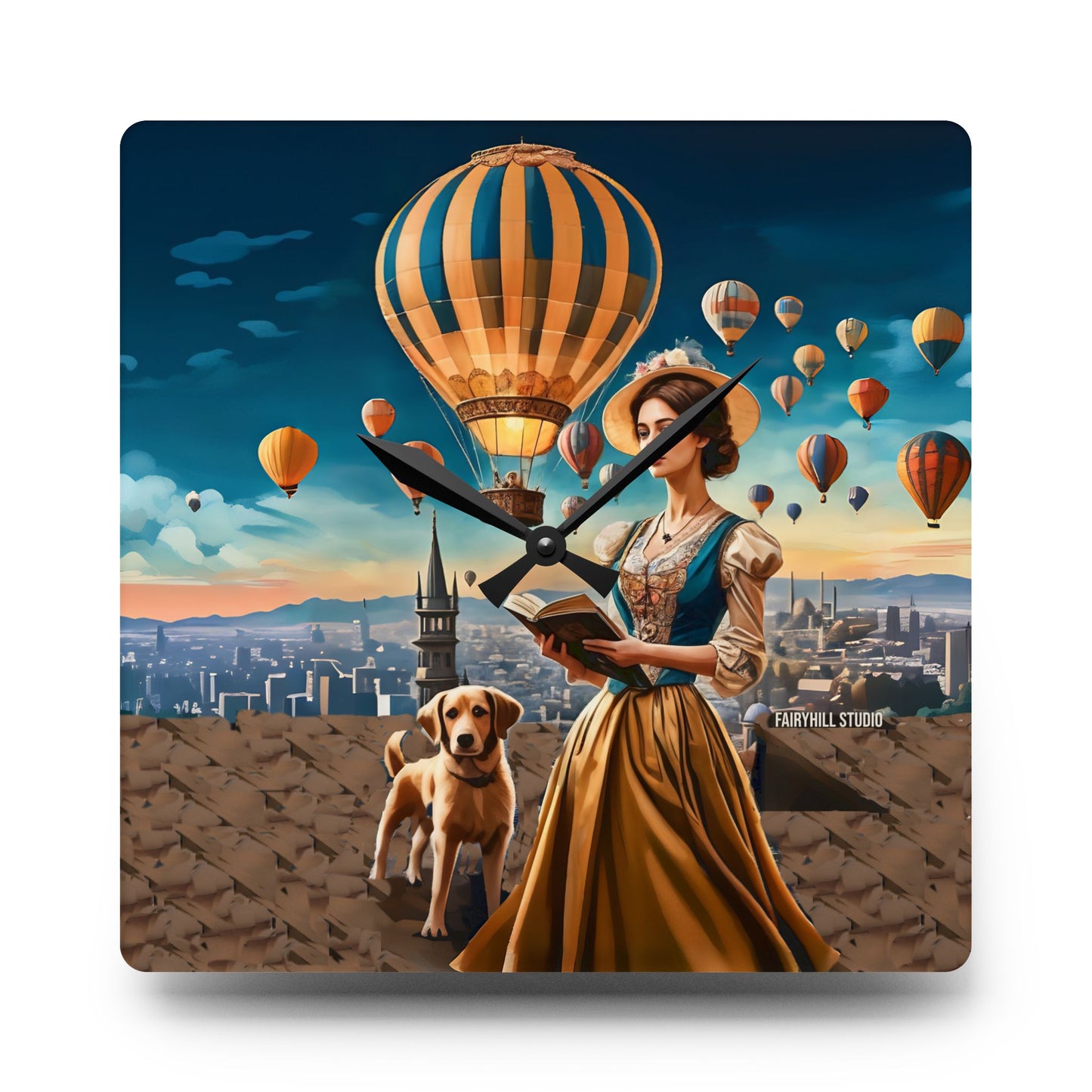 Wall Clock - Hot Air Balloons and Victorian Girl Reading with Dog Design