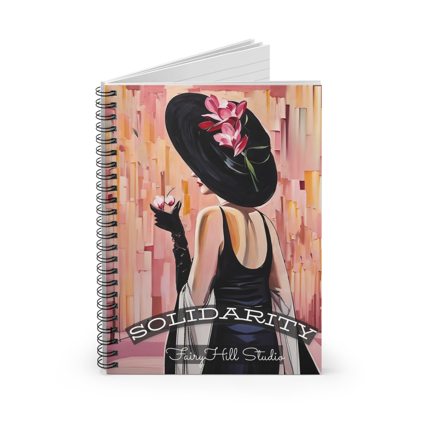 Spiral Notebook - Lady in Black Dress and Hat with Martini Glass Art, Black/Pink Tones